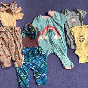 Baby Girl Preemie Bundle: Rainbow Footie Pajama, 4 Onsies, 2 pants, 2 bows